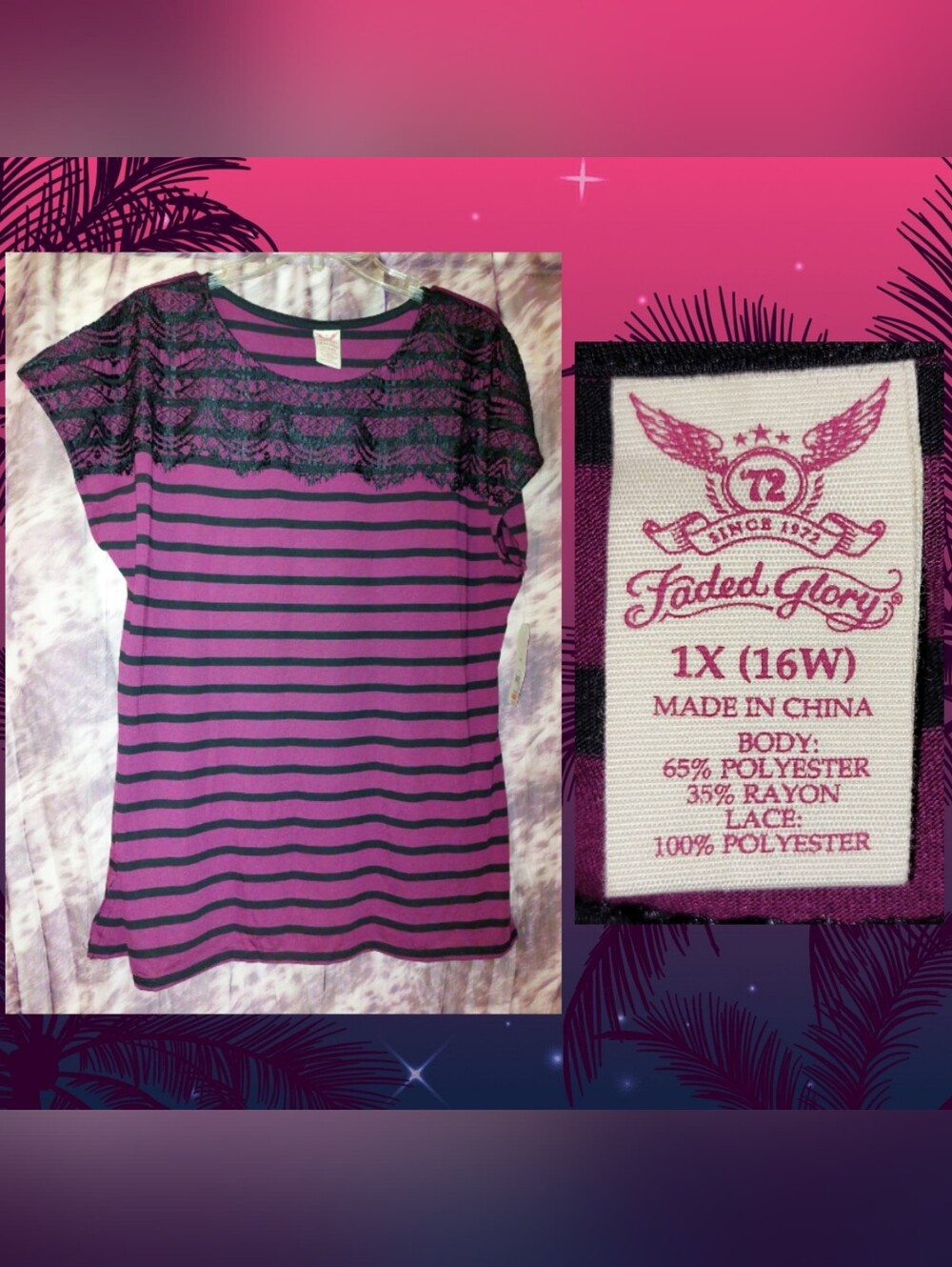 Faded Glory brand Maroon & Black w/Lace Front Striped Soft Knit Top Sz 1X(16W)